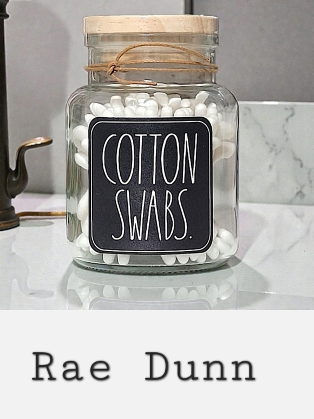 Rae Dunn 'COTTON SWABS' Clear Glass Black Label Jar 120 Count With Gift Tag